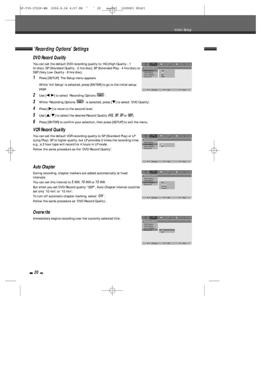 Daewoo DF-4500P/4700P ‘Recording Options’ Settings, DVD Record Quality, VCR Record Quality, Auto Chapter, Overwrite 