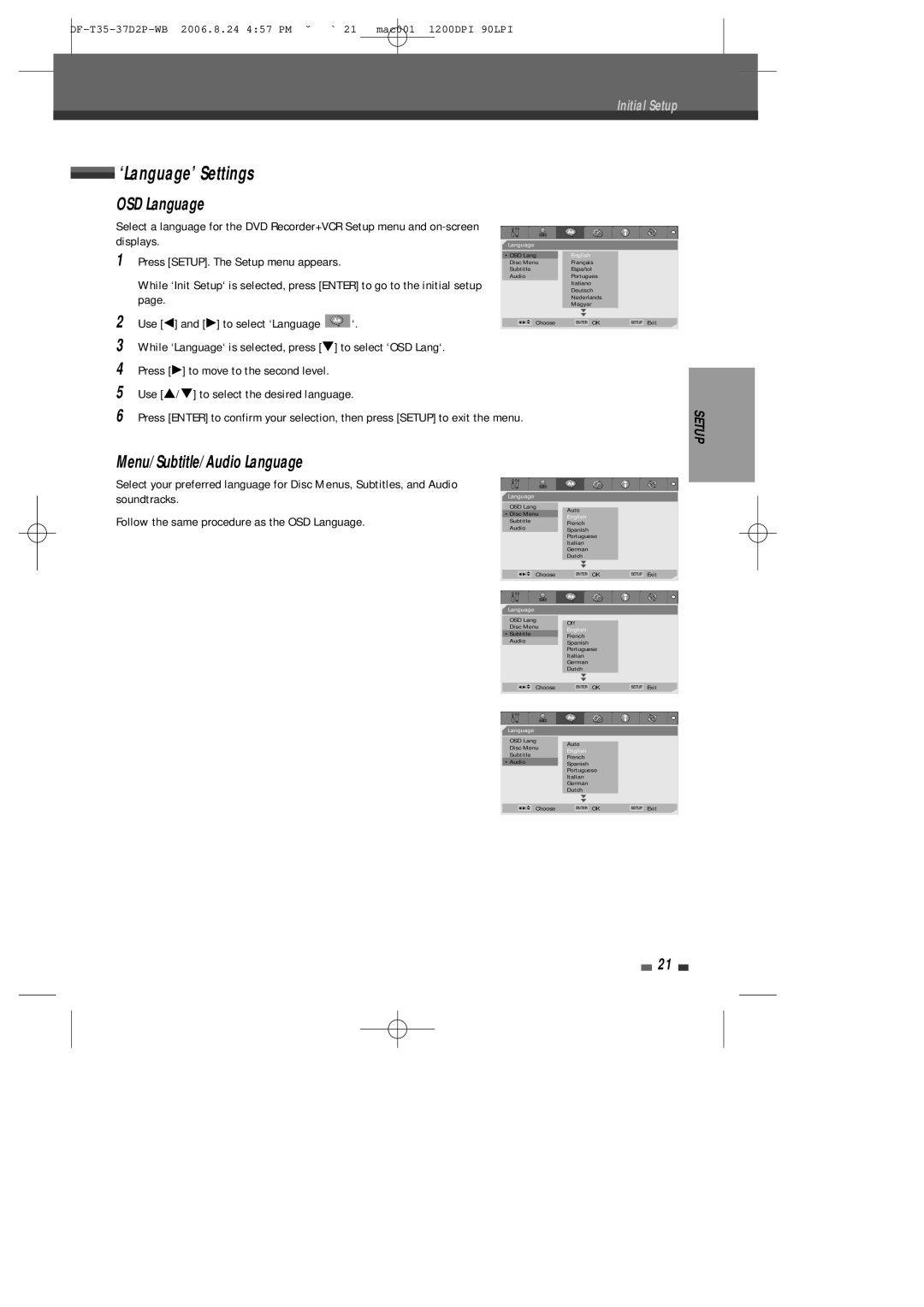 Daewoo DF-4500P/4700P user manual ‘Language’ Settings, OSD Language, Menu/Subtitle/Audio Language 