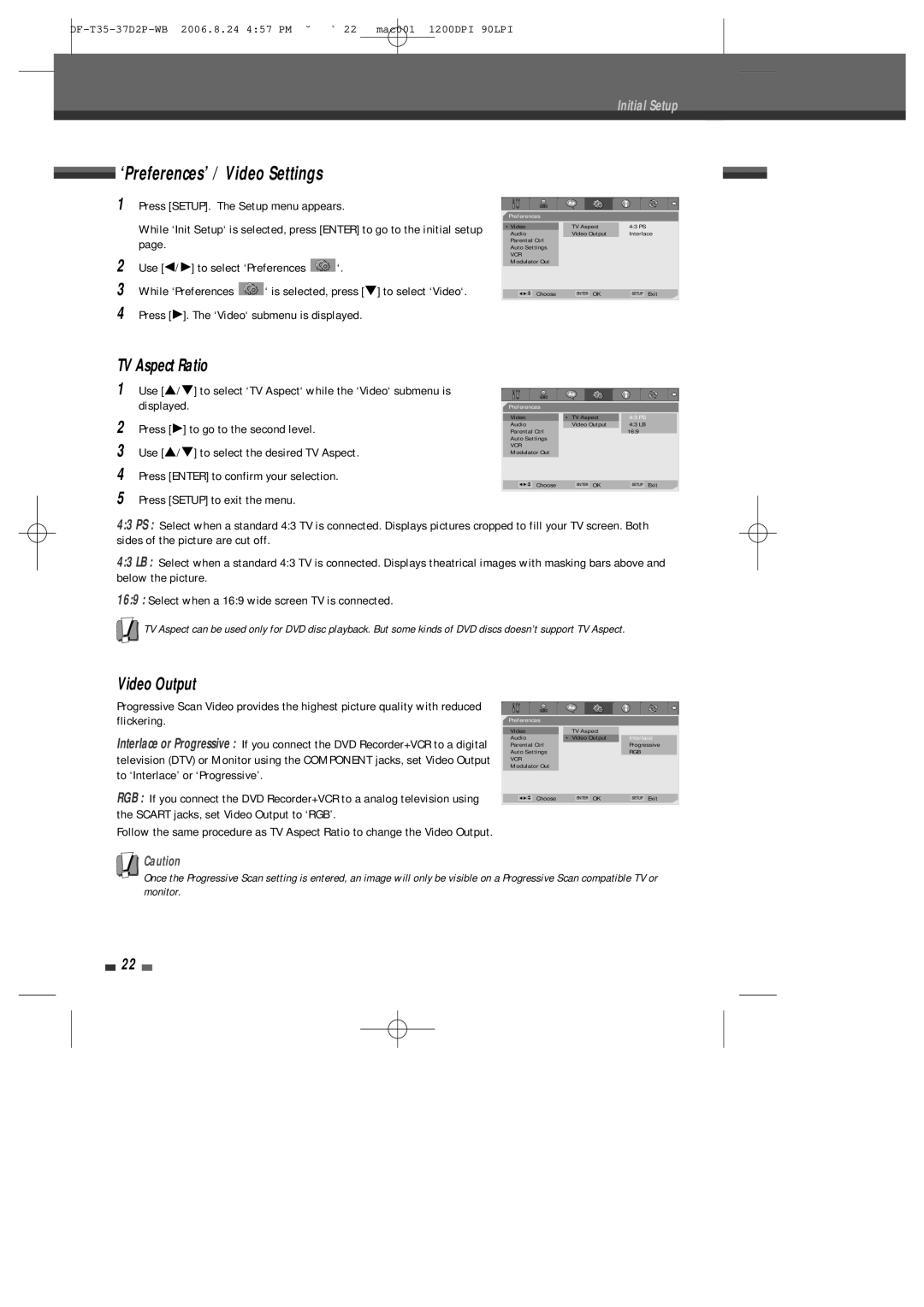 Daewoo DF-4500P/4700P user manual ‘Preferences’ / Video Settings, TV Aspect Ratio, Video Output 