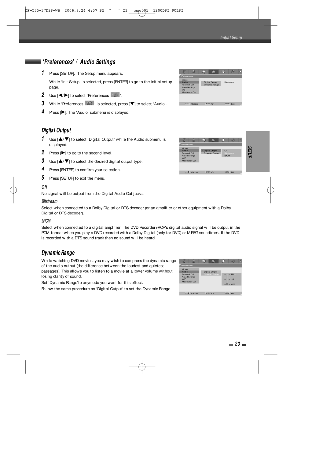 Daewoo DF-4500P/4700P user manual ‘Preferences’ / Audio Settings, Digital Output, Dynamic Range, Off, Bitstream 