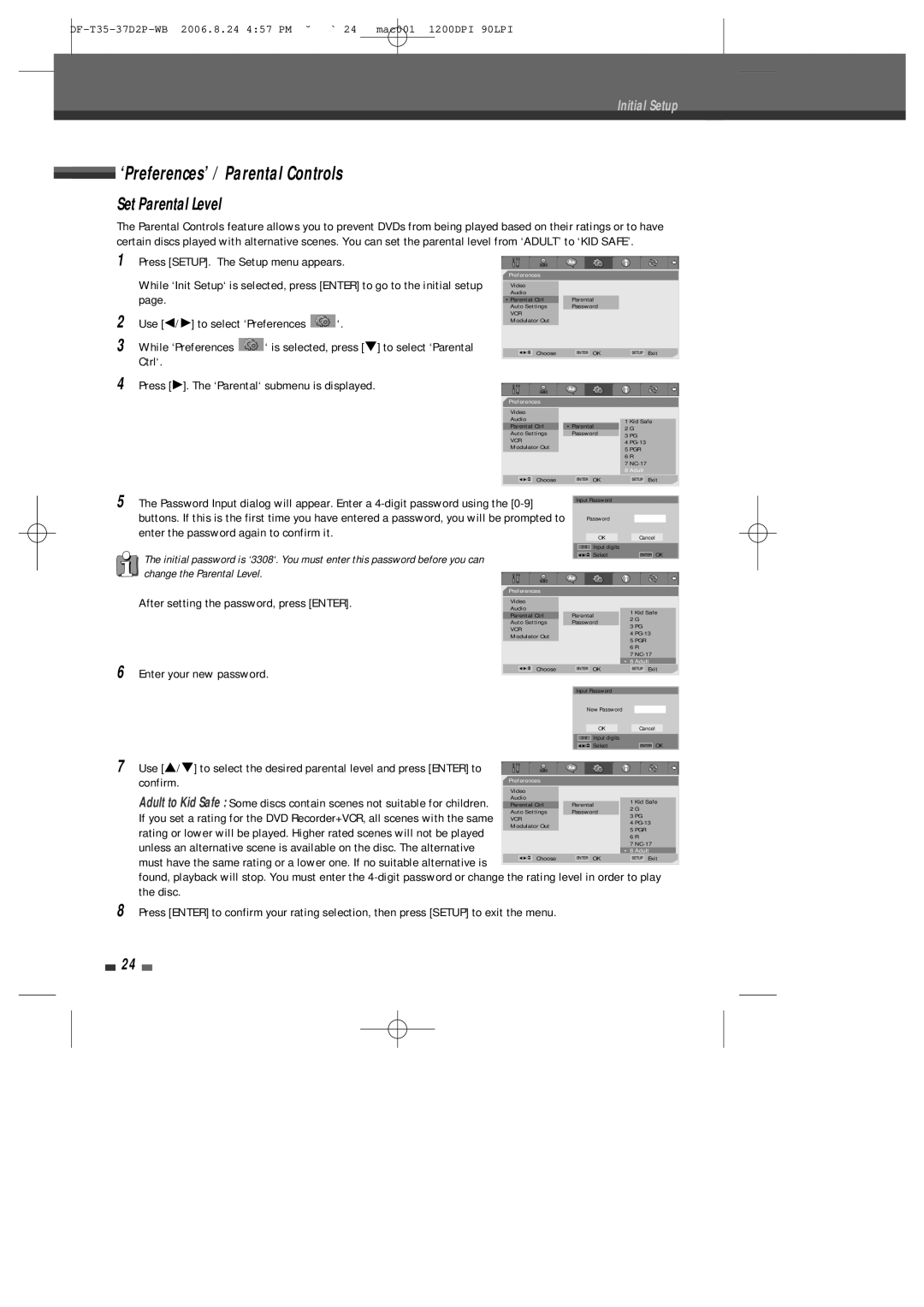 Daewoo DF-4500P/4700P ‘Preferences’ / Parental Controls, Set Parental Level, Press √. The ‘Parental‘ submenu is displayed 