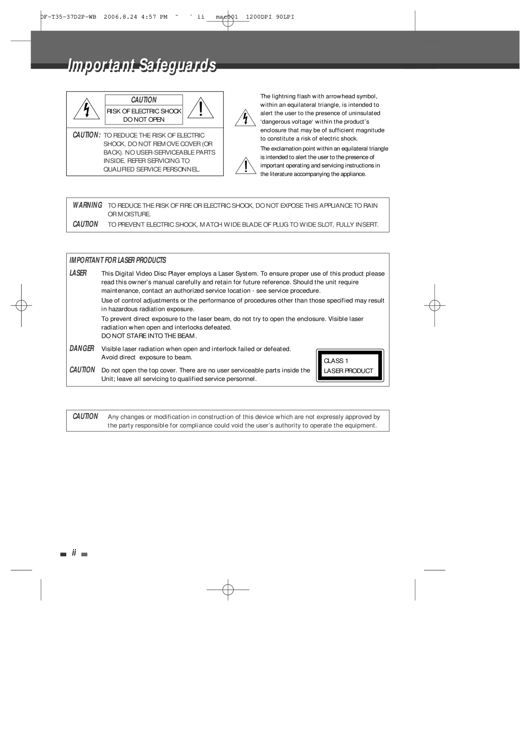 Daewoo DF-4500P/4700P user manual ImportantI t t Safeguards, Risk of Electric Shock Do not Open 