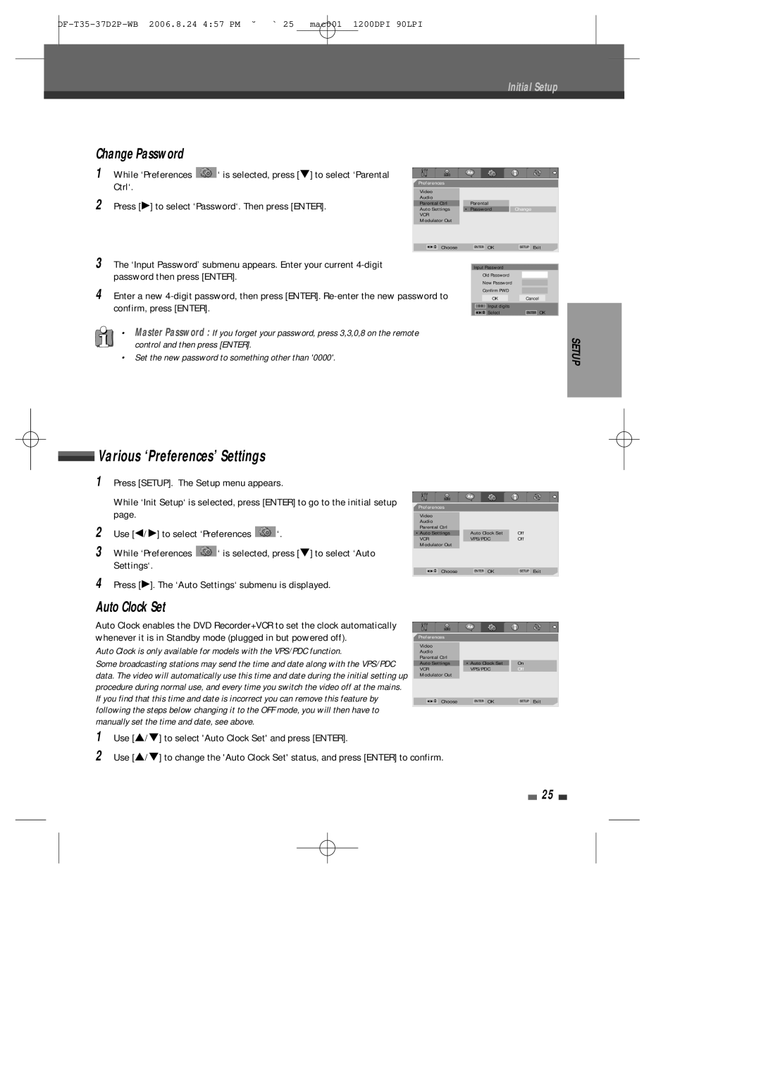 Daewoo DF-4500P/4700P user manual Various ‘Preferences’ Settings, Change Password, Auto Clock Set 