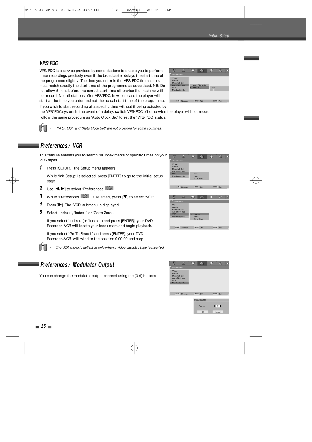 Daewoo DF-4500P/4700P user manual Preferences / VCR, Preferences / Modulator Output 