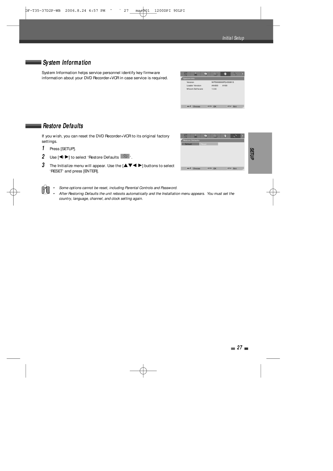 Daewoo DF-4500P/4700P user manual System Information, Restore Defaults 