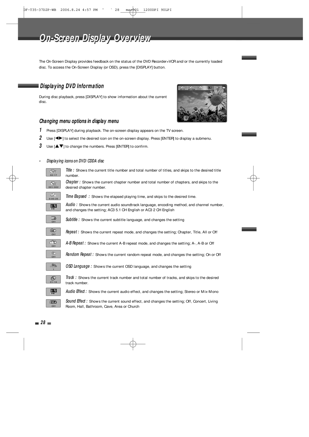 Daewoo DF-4500P/4700P user manual On-Screen Displayi l Overviewi, Changing menu options in display menu 