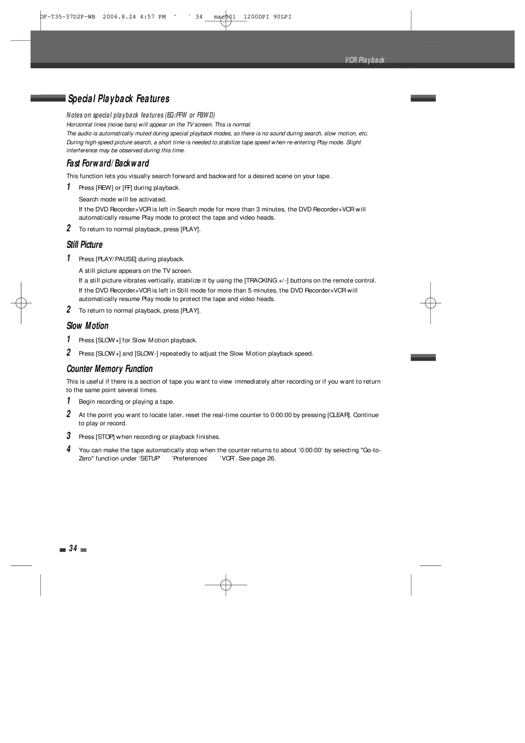 Daewoo DF-4500P/4700P user manual Special Playback Features, Still Picture, Counter Memory Function 