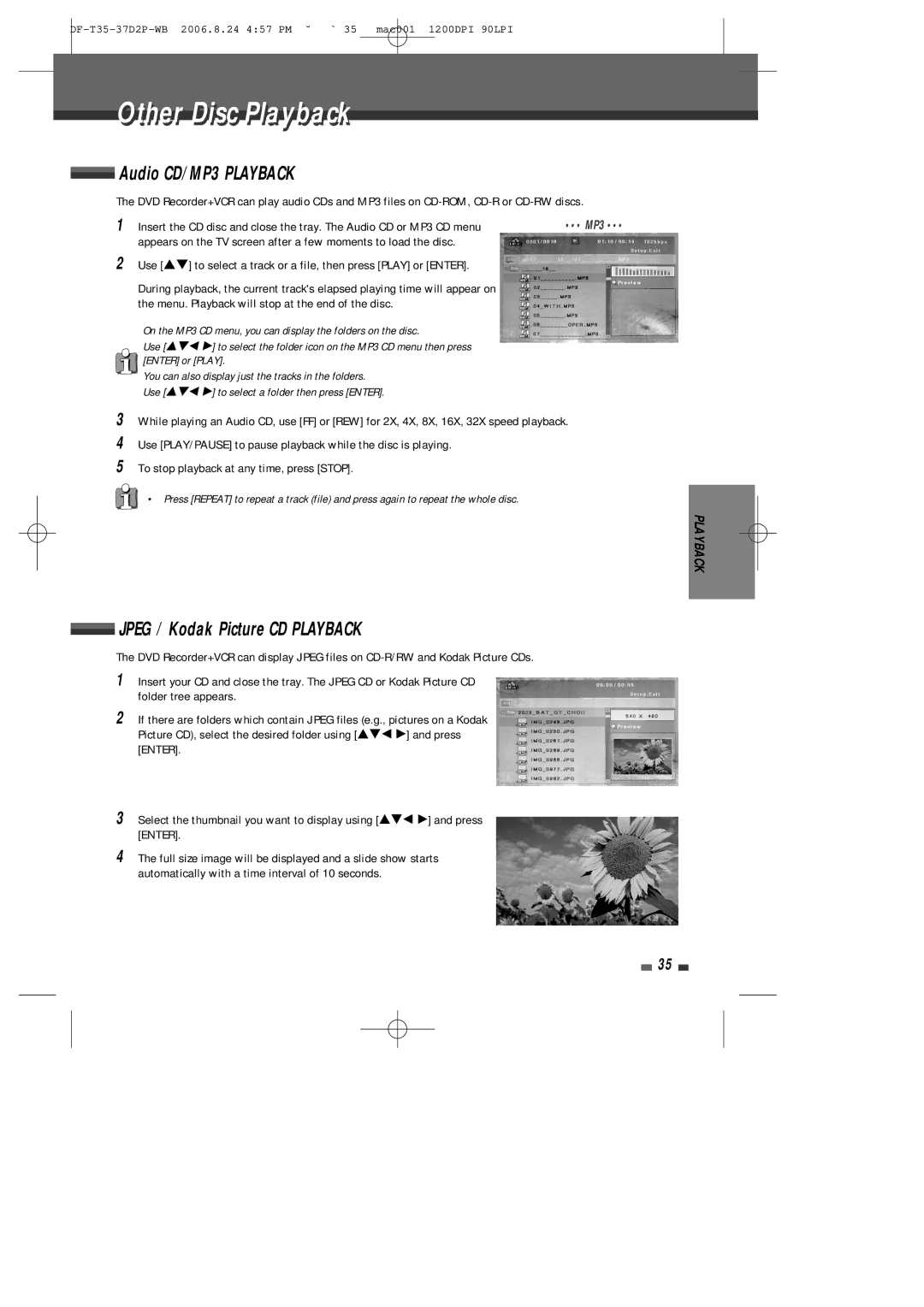 Daewoo DF-4500P/4700P user manual Othert Disci Playbackl, Audio CD/MP3 Playback, Jpeg / Kodak Picture CD Playback 