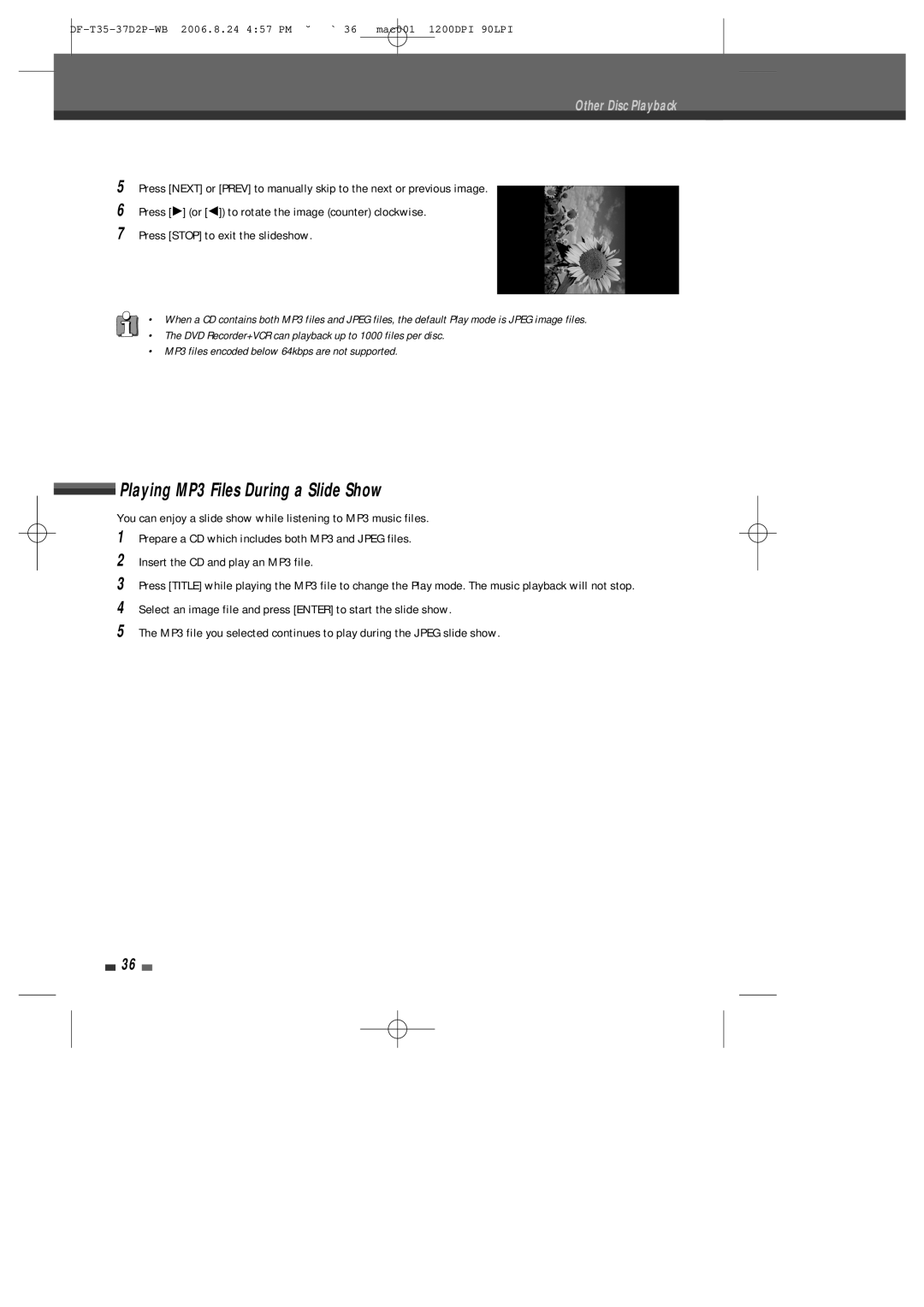 Daewoo DF-4500P/4700P user manual Playing MP3 Files During a Slide Show, Other Disc Playback 