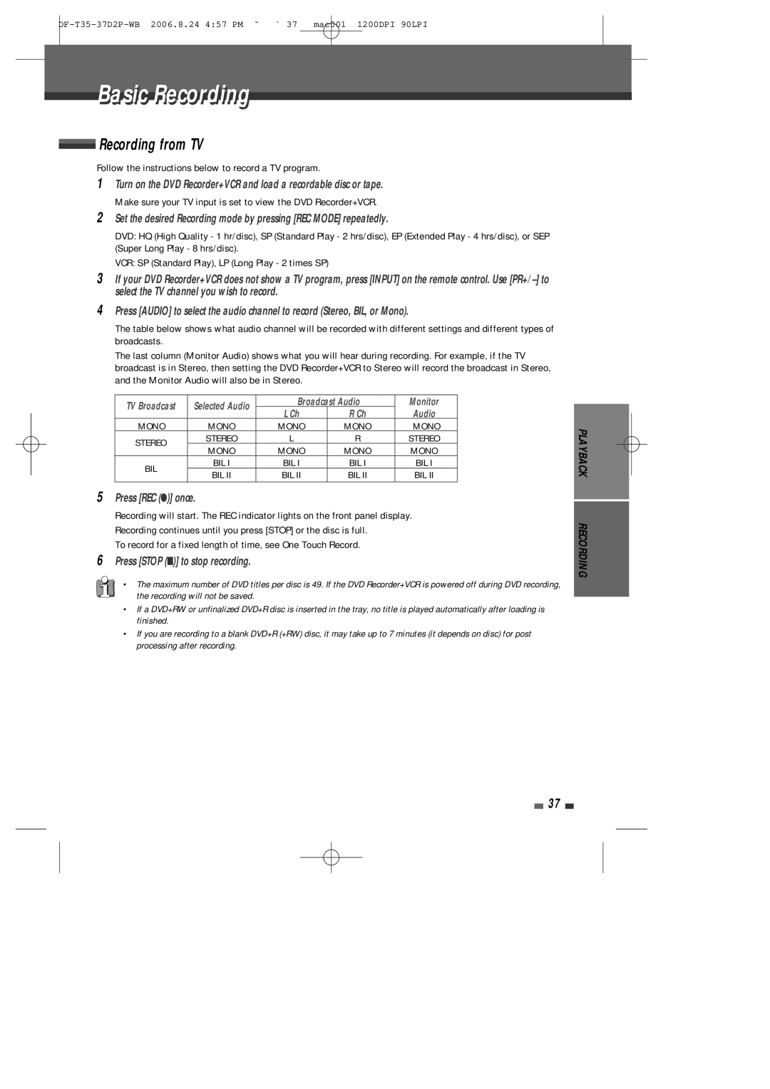 Daewoo DF-4500P/4700P user manual Basicic Recordingi, Recording from TV, Press REC once, Press Stop to stop recording 