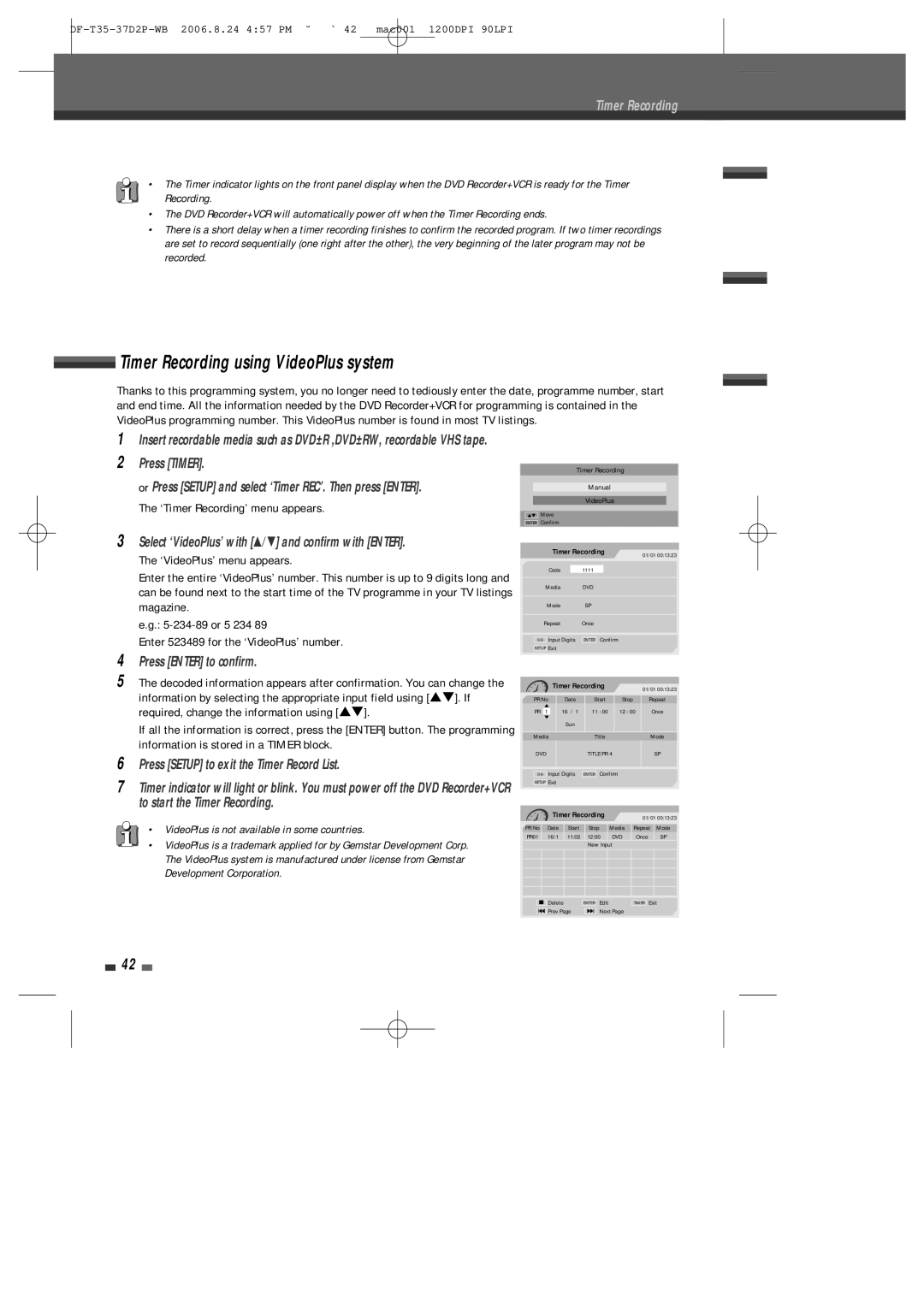 Daewoo DF-4500P/4700P user manual Timer Recording using VideoPlus system, Press Enter to confirm 