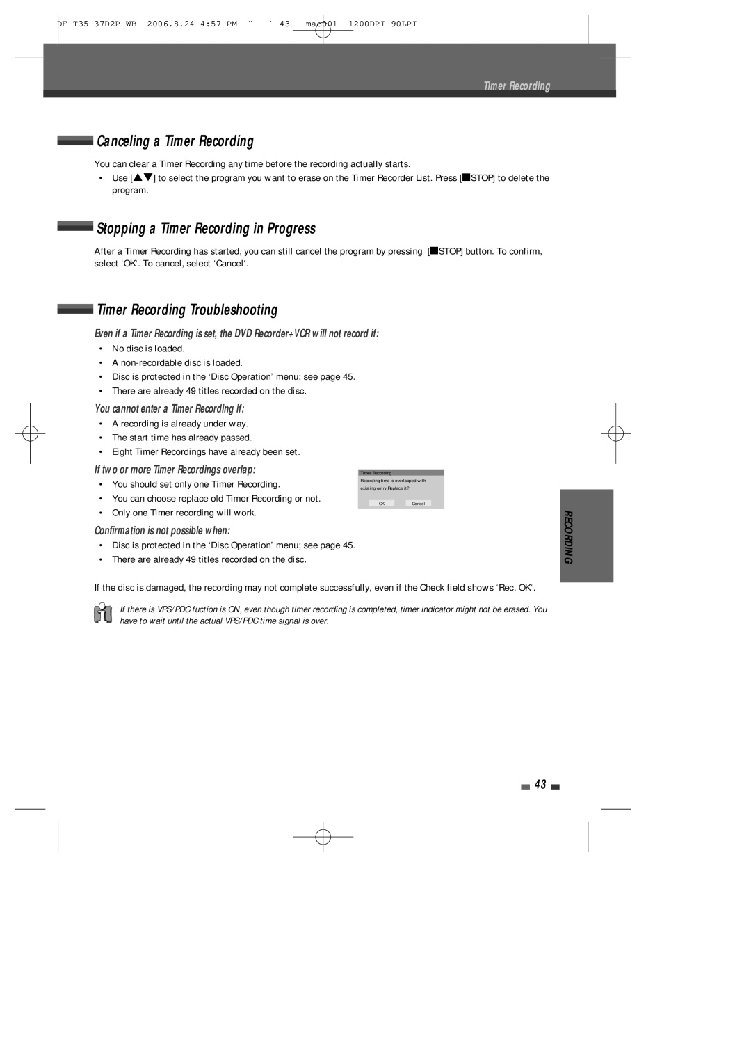 Daewoo DF-4500P/4700P Canceling a Timer Recording, Stopping a Timer Recording in Progress, Timer Recording Troubleshooting 