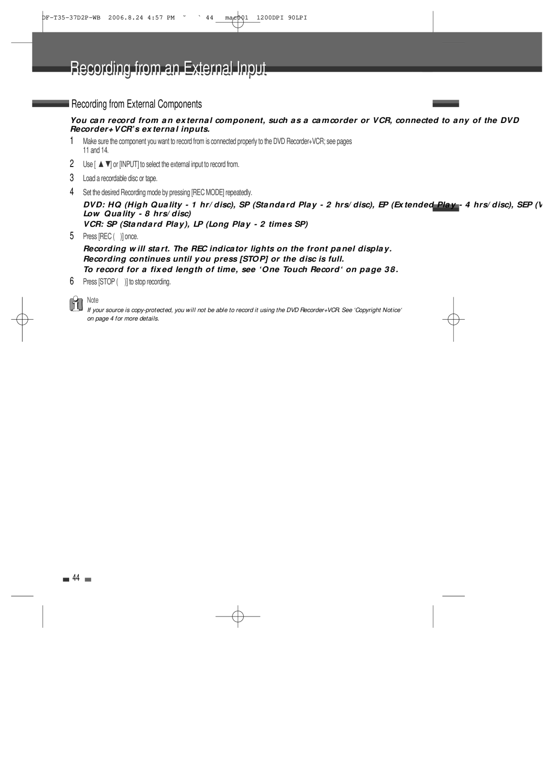 Daewoo DF-4500P/4700P user manual Recording from an External Input, Recording from External Components 