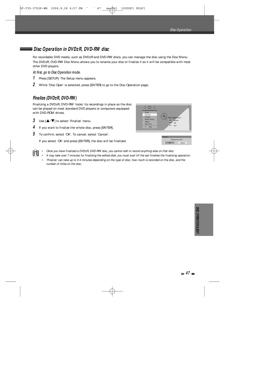 Daewoo DF-4500P/4700P user manual Disc Operation in DVD±R, DVD-RW disc, Finalize DVD±R, DVD-RW 