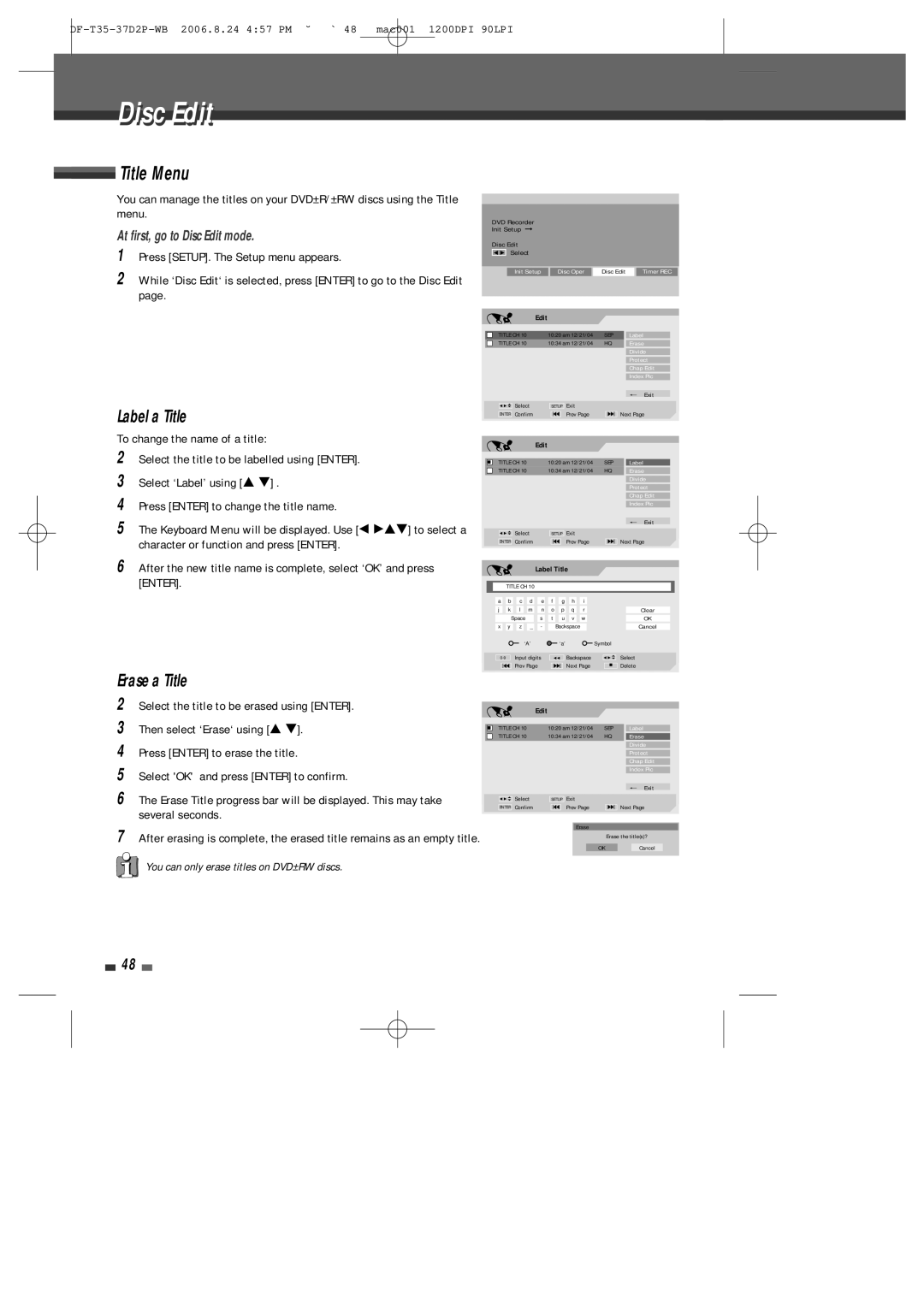 Daewoo DF-4500P/4700P user manual Title Menu, Label a Title, Erase a Title, At first, go to Disc Edit mode 