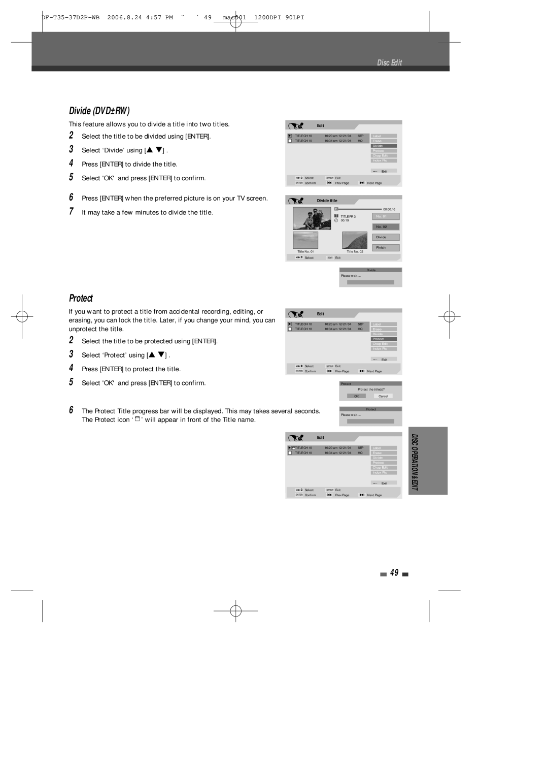 Daewoo DF-4500P/4700P user manual Divide DVD±RW, Protect icon ‘ ’ will appear in front of the Title name 