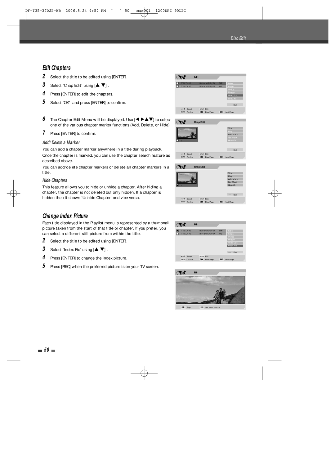 Daewoo DF-4500P/4700P Edit Chapters, Change Index Picture, Add/Delete a Marker, Hide Chapters, Press Enter to confirm 