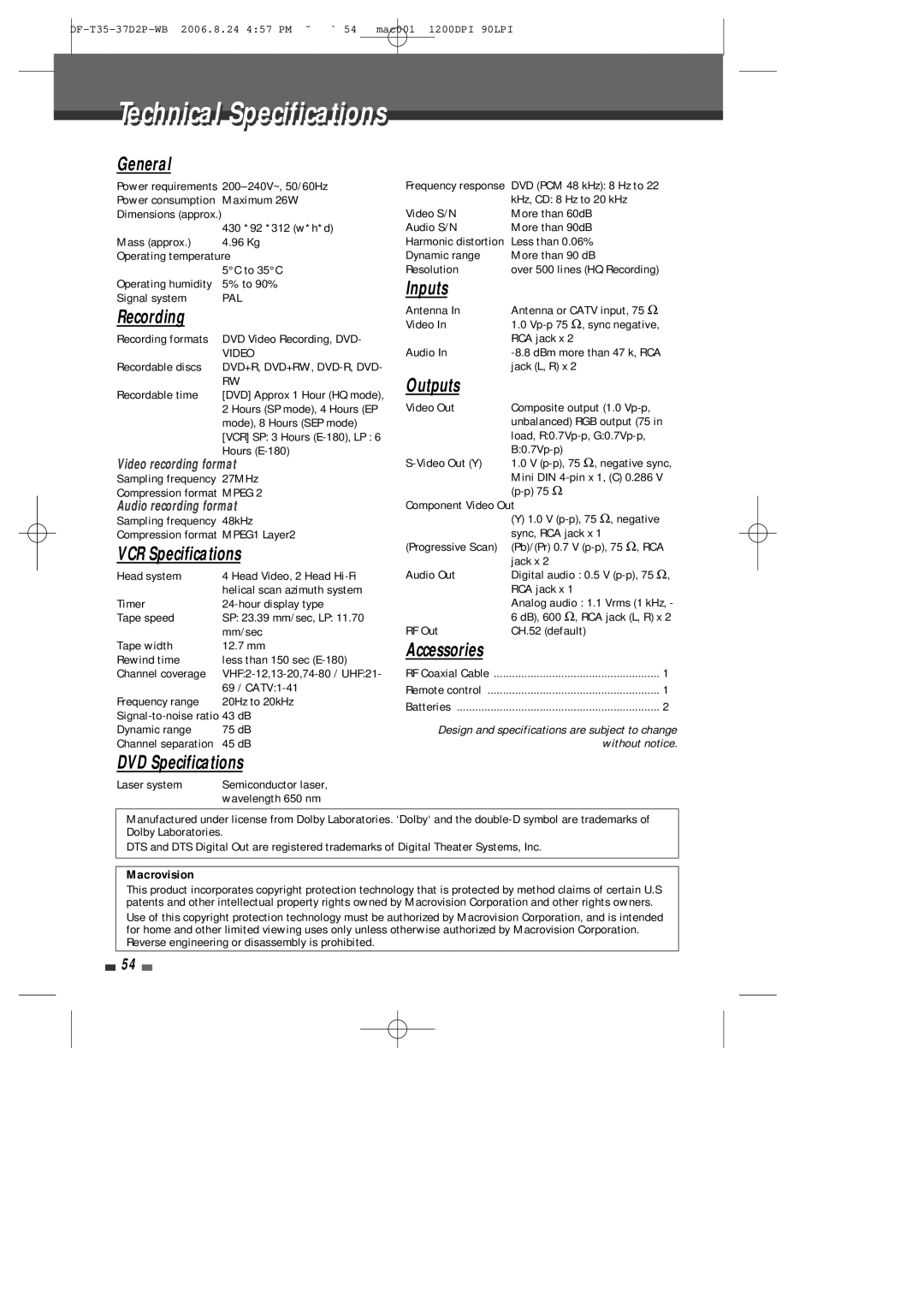 Daewoo DF-4500P/4700P user manual General, Recording, VCR Specifications, Inputs, Outputs, DVD Specifications 