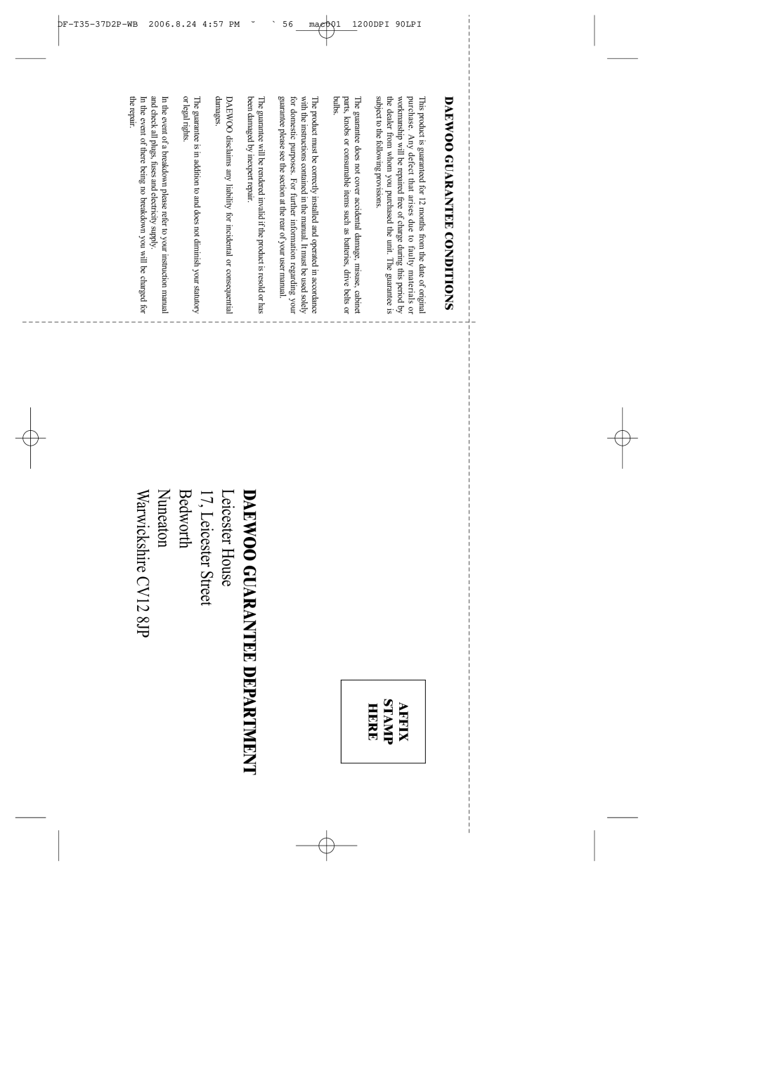 Daewoo DF-4500P/4700P user manual Daewoo Guarantee Department 