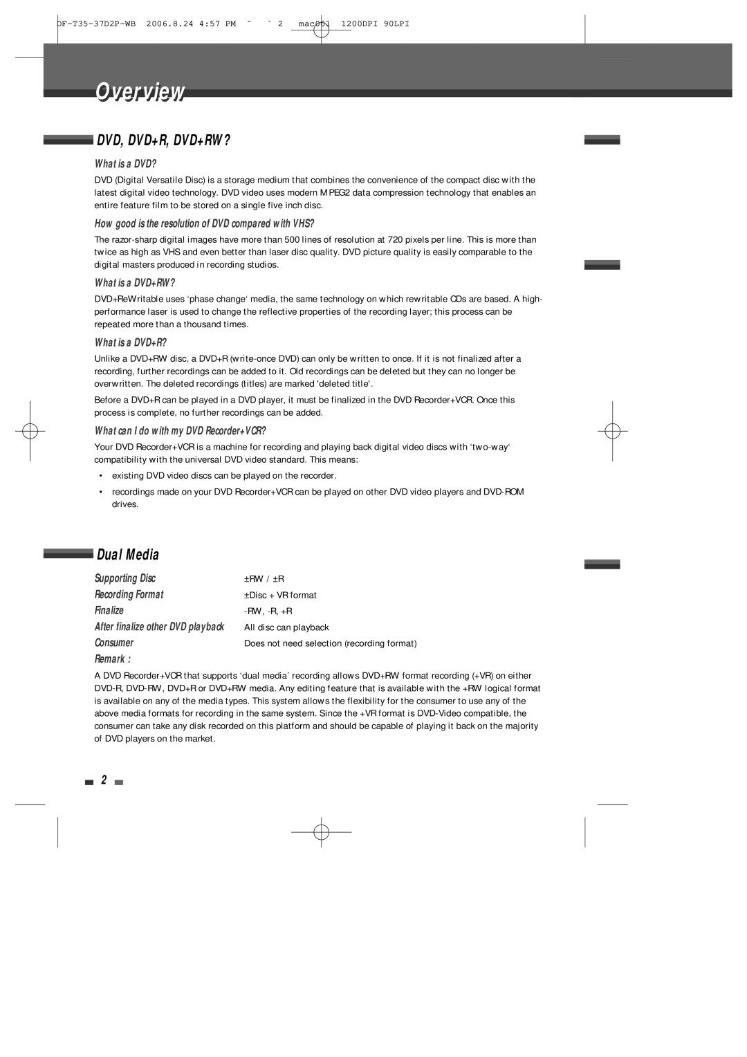 Daewoo DF-4500P/4700P user manual Overviewi, Dual Media 