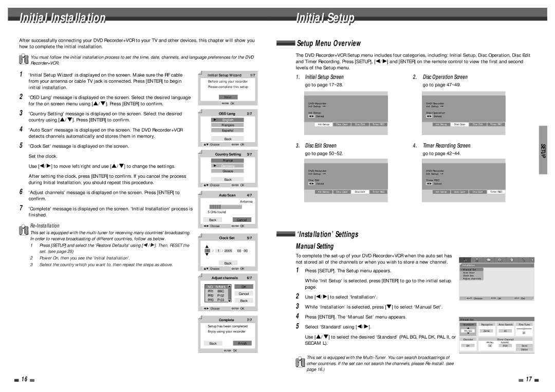 Daewoo DF-4501P Initial Installation, Initial Setup, Go to page 17~28 Go to page 47~49, Go to page 50~52 Go to page 42~44 