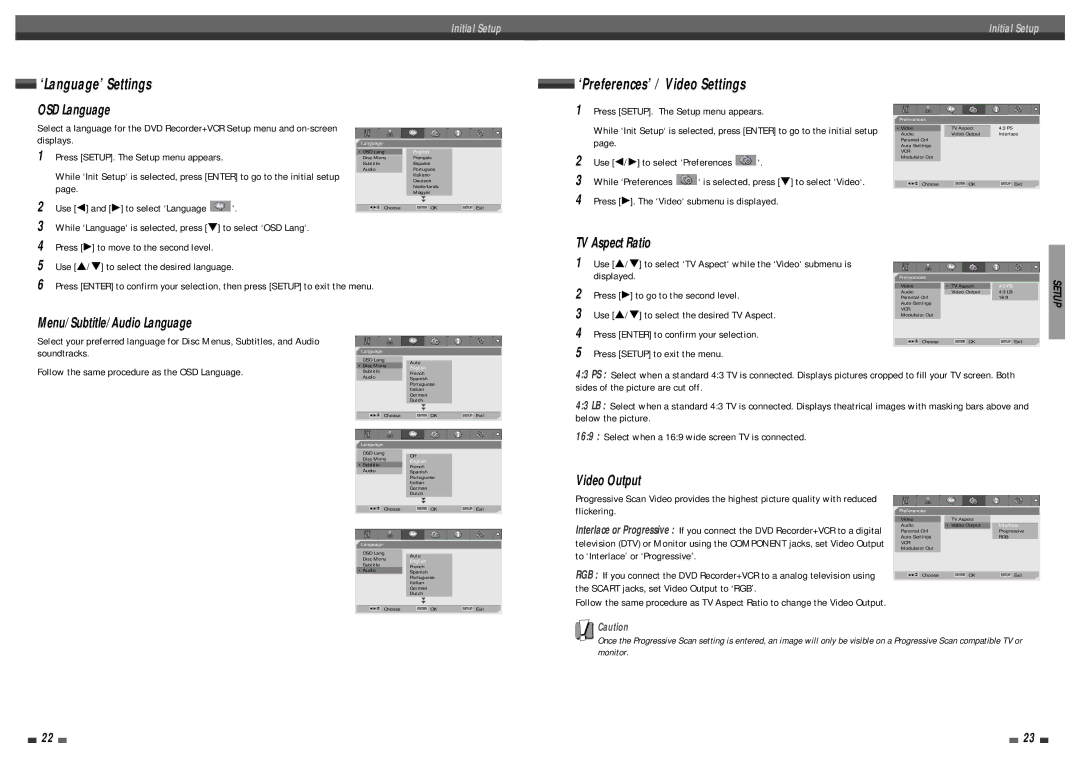 Daewoo DF-4501P user manual Displays, Use œ and √ to select ‘Language, Press √. The ‘Video‘ submenu is displayed, Displayed 