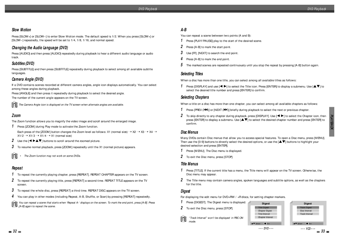 Daewoo DF-4501P Confirm, Zoom function may not work on some DVDs, Track Interval won’t be displayed in PBC on mode 