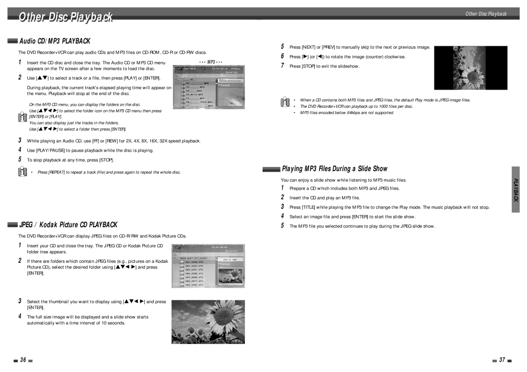 Daewoo DF-4501P user manual Other Disci Playbackl, Prepare a CD which includes both MP3 and Jpeg files 