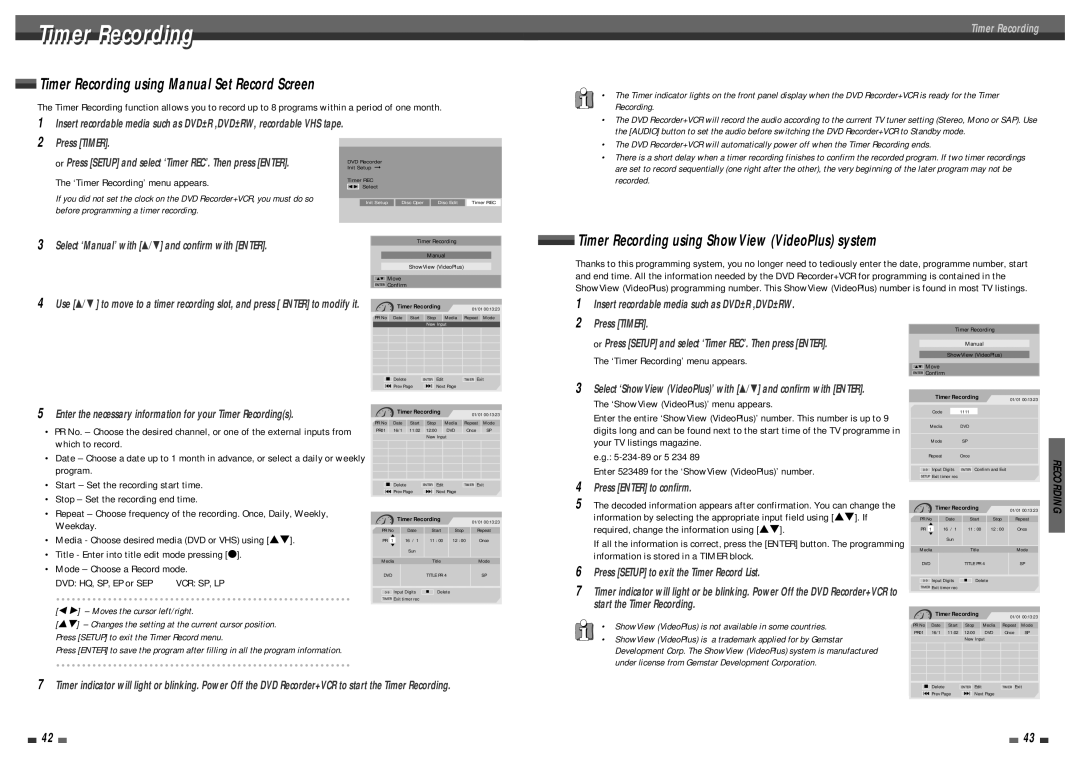 Daewoo DF-4501P user manual ‘Timer Recording’ menu appears, ‘ShowView VideoPlus’ menu appears 