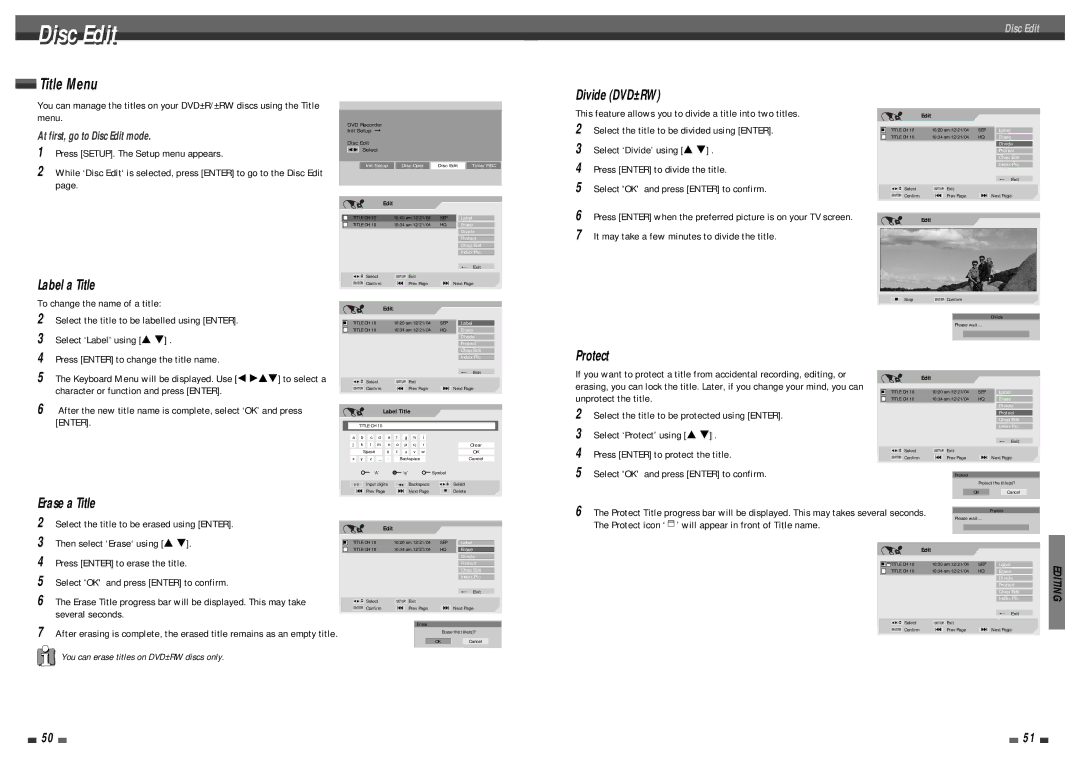 Daewoo DF-4501P user manual Disc Edit, Select ‘Label’ using … †, Press Enter to change the title name 