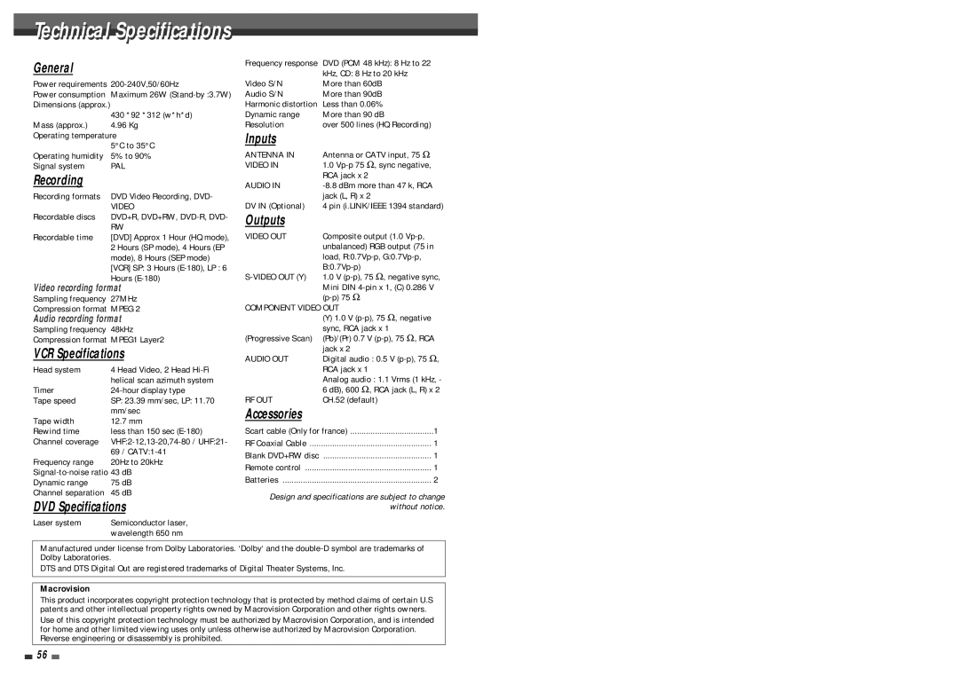 Daewoo DF-4501P user manual Technicali l Specificationsi i ti 