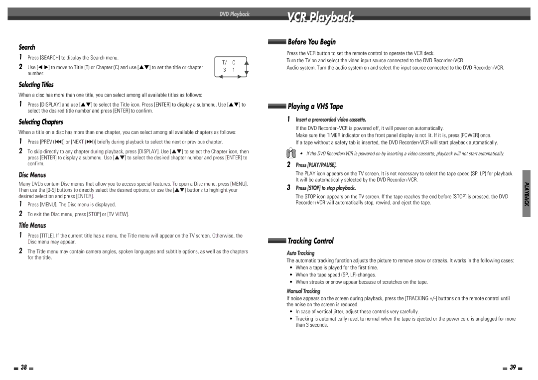 Daewoo DF-8100 user manual VCR Playbackl, Œ3 1 √ †, It will be automatically selected by the DVD Recorder+VCR 