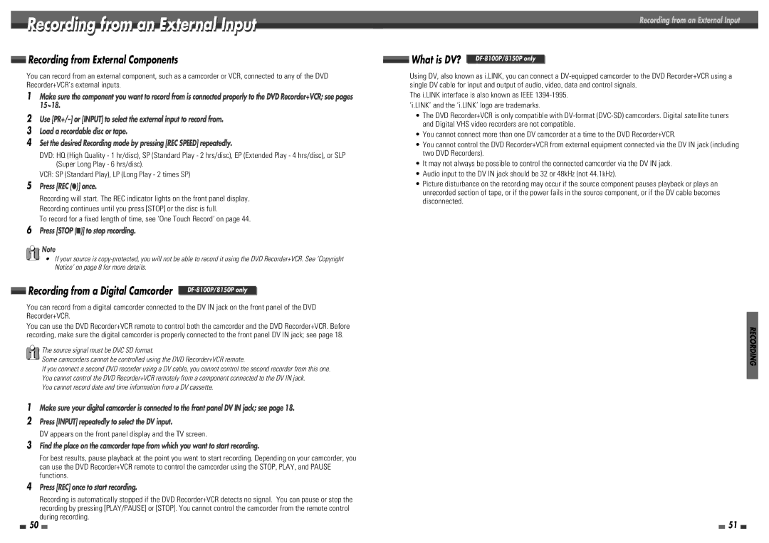 Daewoo DF-8100 user manual Recording from an External Input, DV appears on the front panel display and the TV screen 