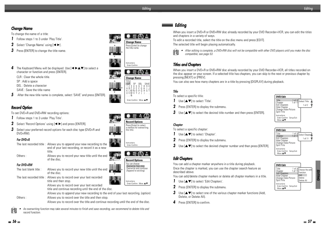 Daewoo DF-8100 Character or function and press Enter, CLR Clear the whole title, SP Add a space, Save Save the title name 