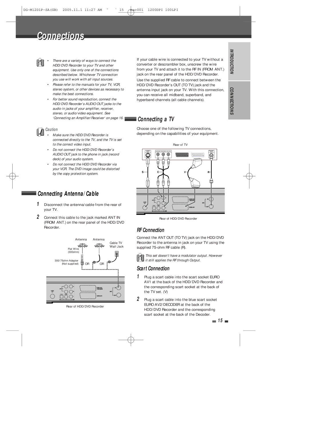 Daewoo DH-6100P user manual Connectionsti, Connecting a TV, Connecting Antenna/Cable, RF Connection, Scart Connection 