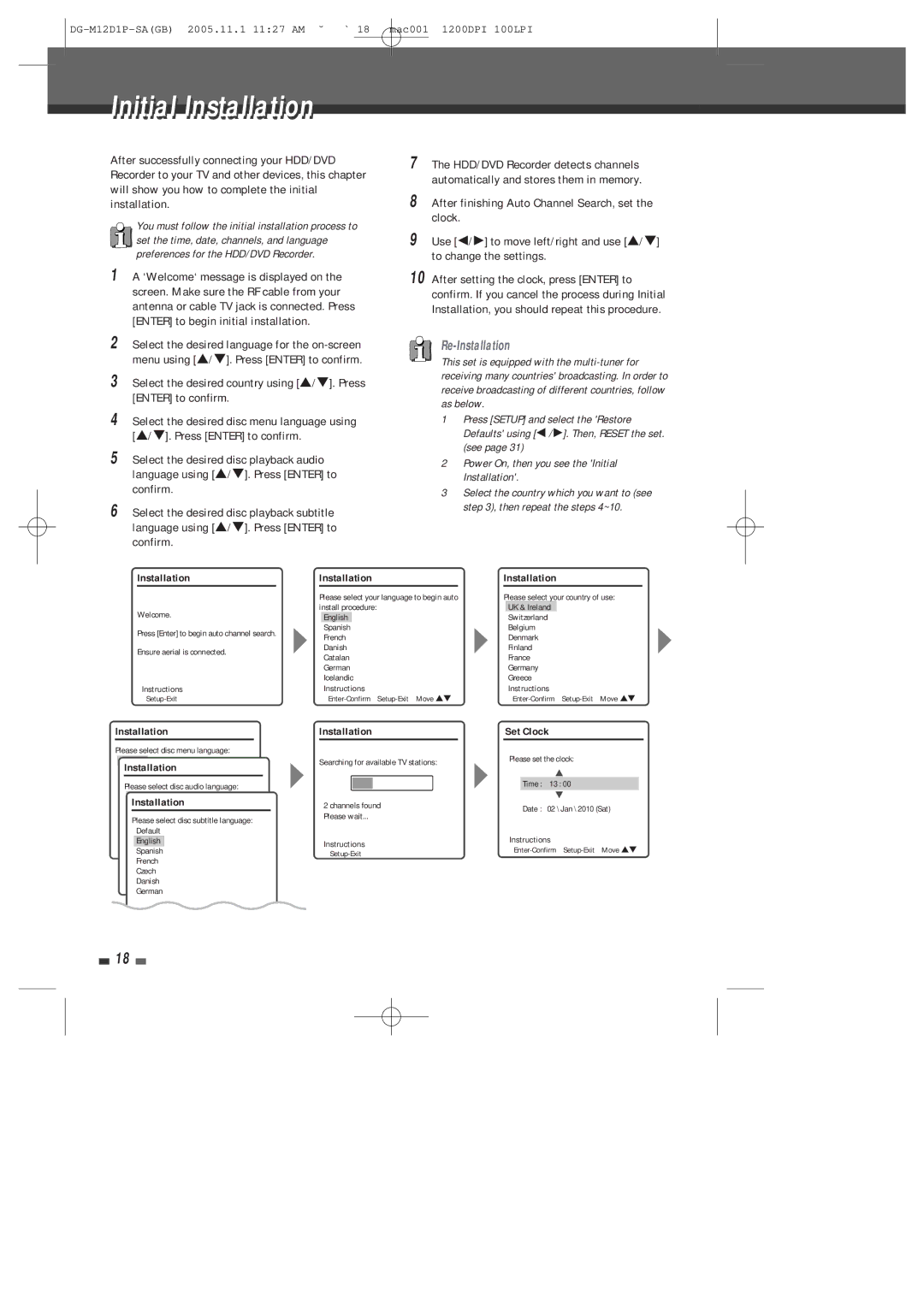 Daewoo DH-6100P user manual Initial Installation, CzechInstallation, Set Clock 