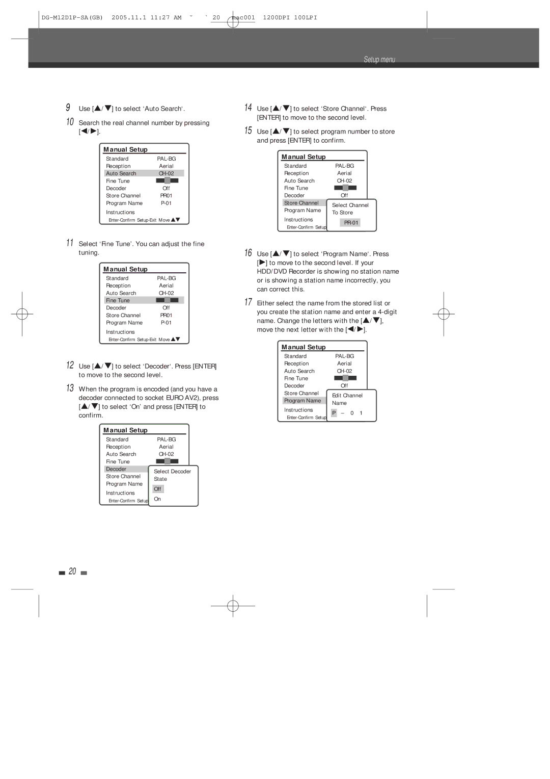 Daewoo DH-6100P user manual Setup menu, Select ‘Fine Tune’. You can adjust the fine tuning 