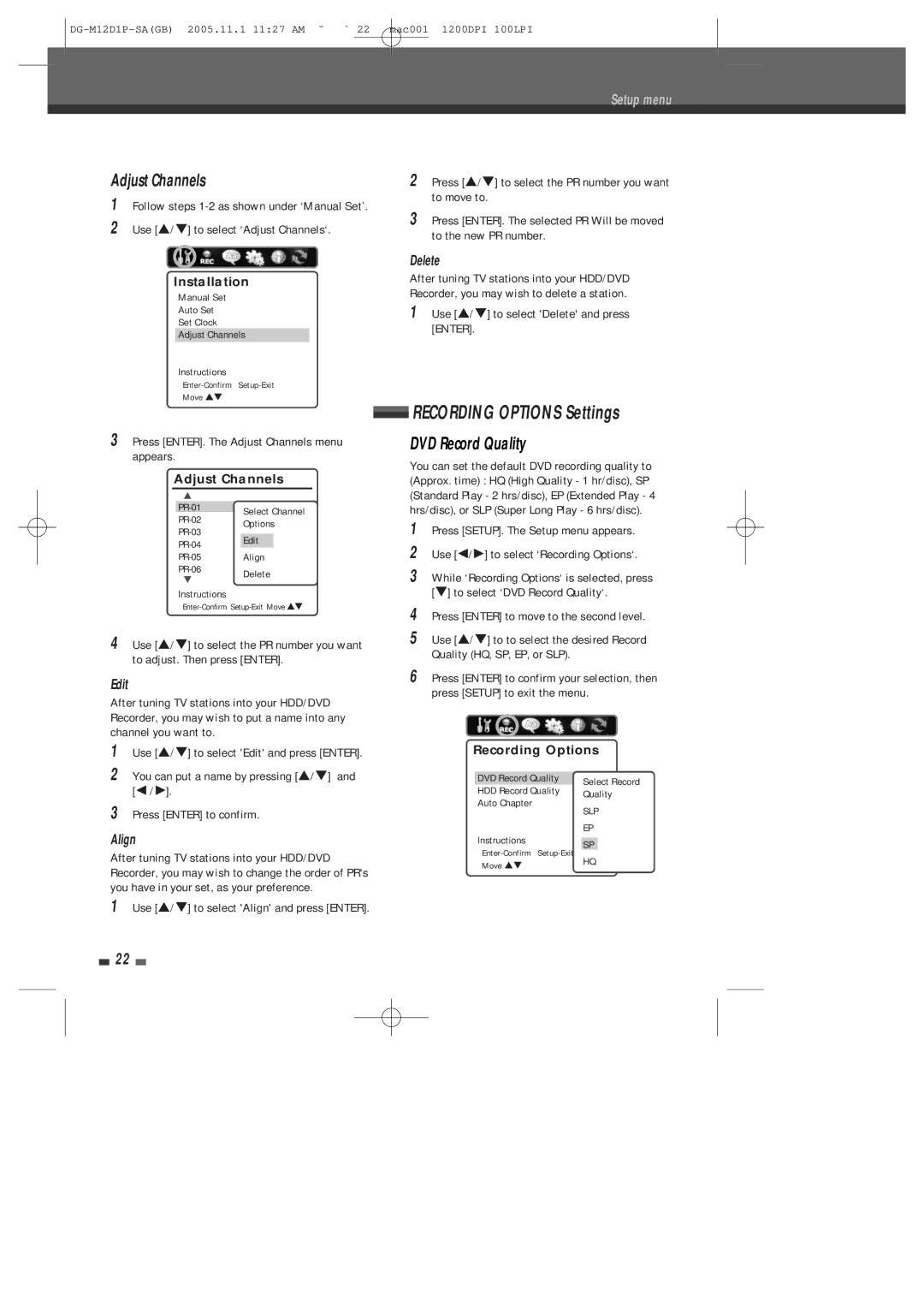 Daewoo DH-6100P user manual Recording Options Settings, Adjust Channels, DVD Record Quality 