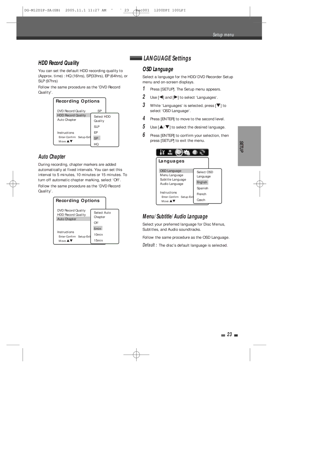 Daewoo DH-6100P user manual Language Settings, HDD Record Quality, OSD Language, Auto Chapter, Menu/Subtitle/Audio Language 