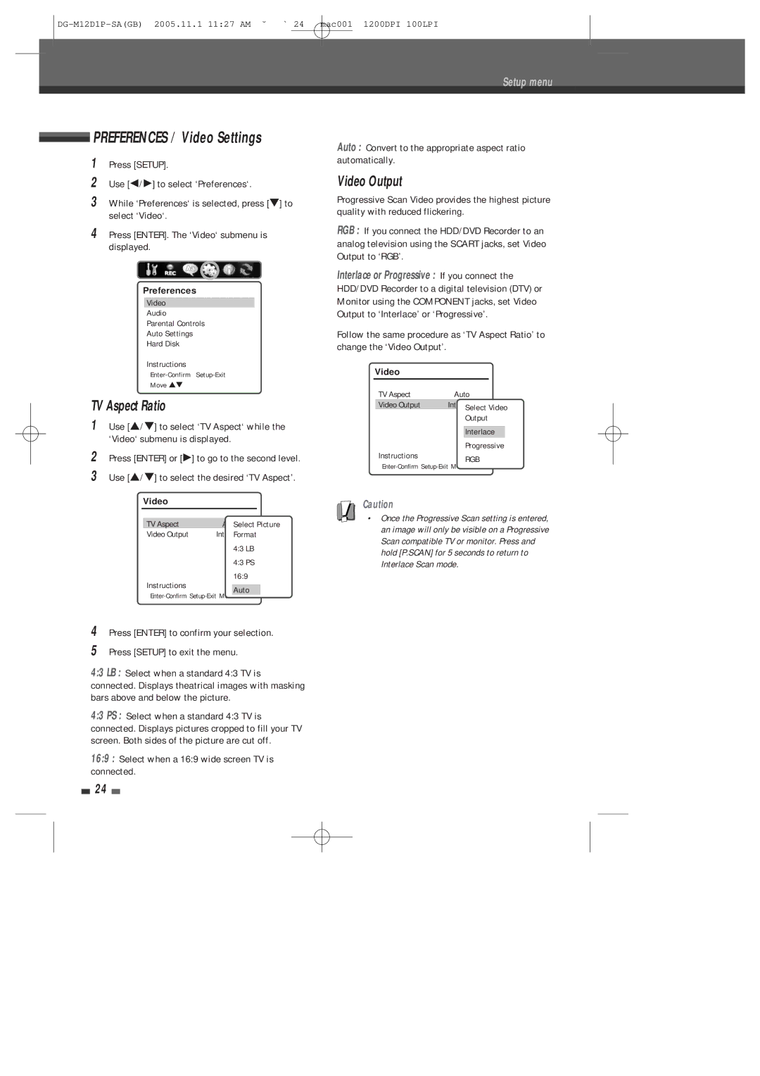 Daewoo DH-6100P user manual Preferences / Video Settings, Video Output, TV Aspect Ratio 