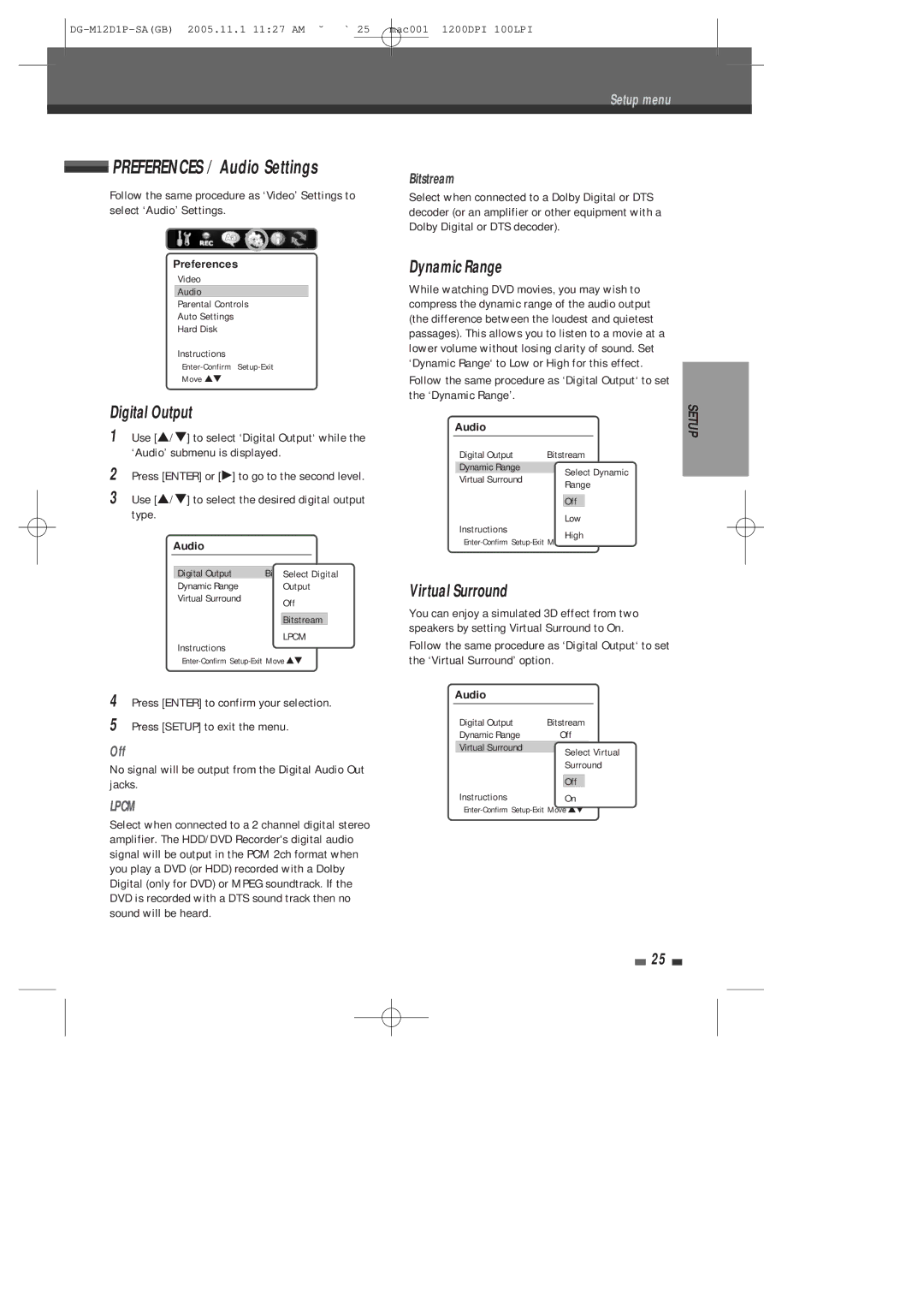 Daewoo DH-6100P user manual Preferences / Audio Settings, Digital Output, Dynamic Range, Virtual Surround 