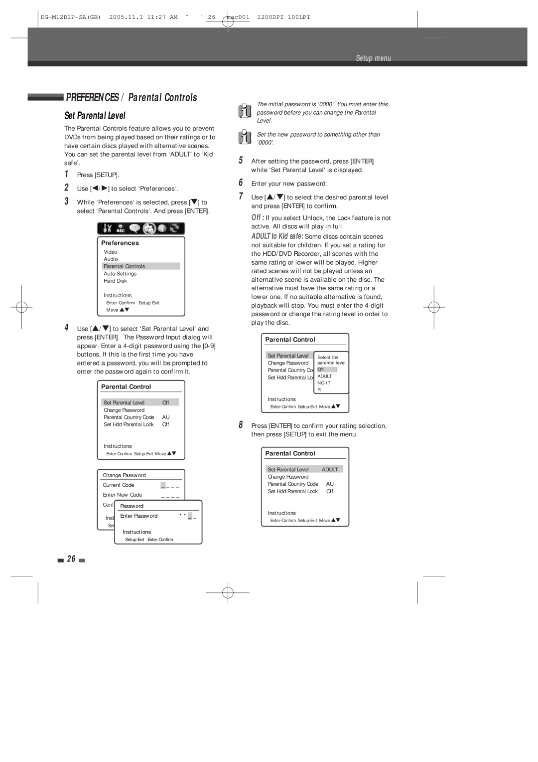 Daewoo DH-6100P user manual Preferences / Parental Controls, Set Parental Level 