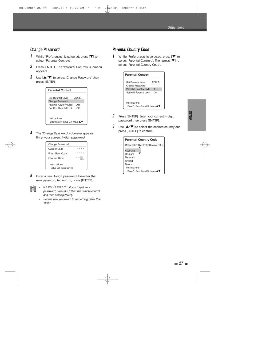 Daewoo DH-6100P user manual Change Password, Select ‘Parental Country Code‘ 