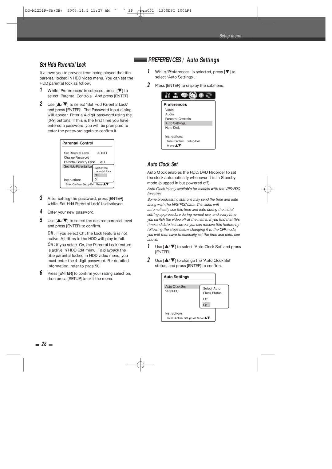 Daewoo DH-6100P user manual Preferences / Auto Settings, Set Hdd Parental Lock, Auto Clock Set 