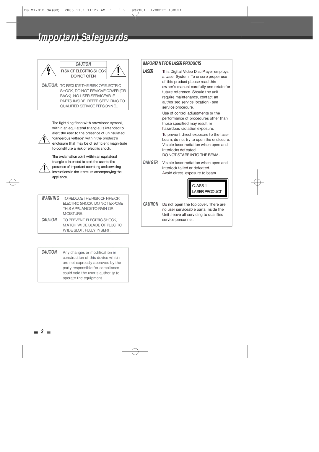 Daewoo DH-6100P user manual Important Safeguards, Avoid direct exposure to beam 