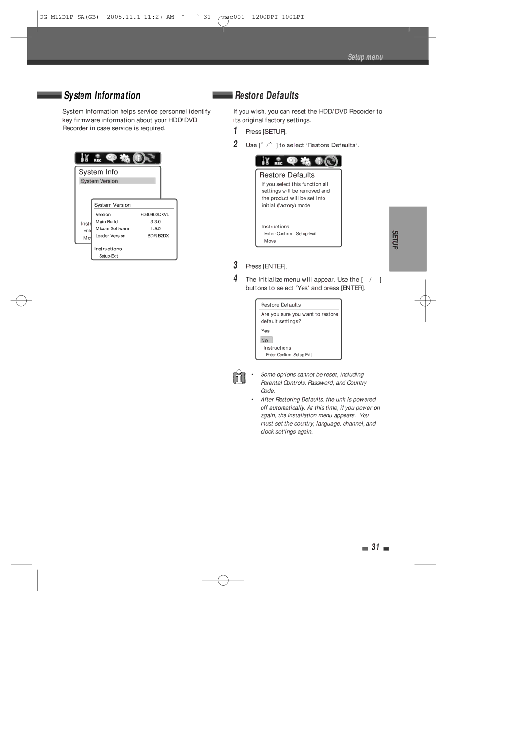 Daewoo DH-6100P user manual System Information, Restore Defaults 