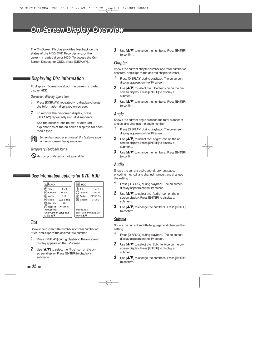 Daewoo DH-6100P user manual On-Screen Displayi l Overviewi, Displaying Disc Information 