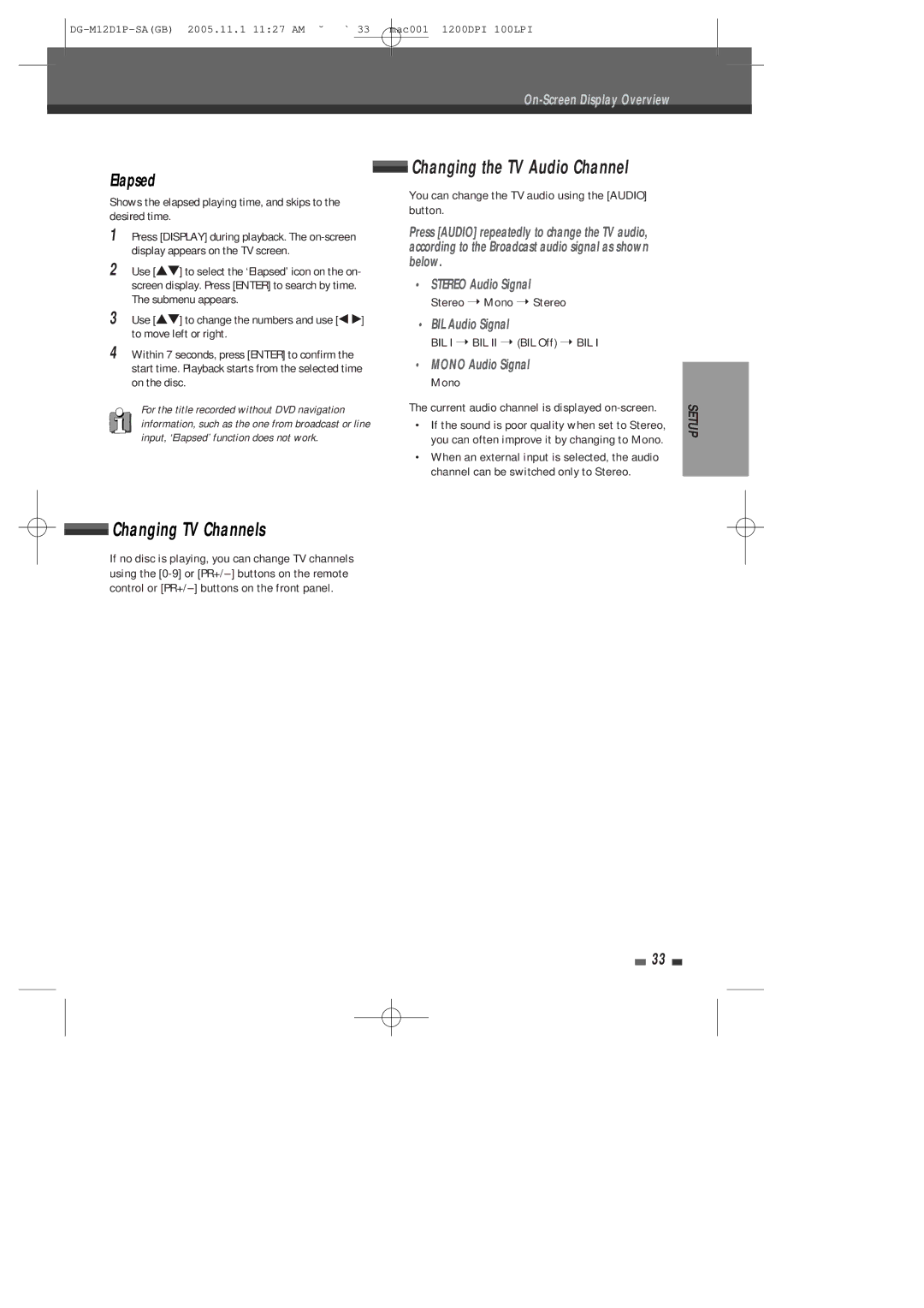 Daewoo DH-6100P Changing the TV Audio Channel, Changing TV Channels, Elapsed, BIL Audio Signal, Mono Audio Signal Mono 