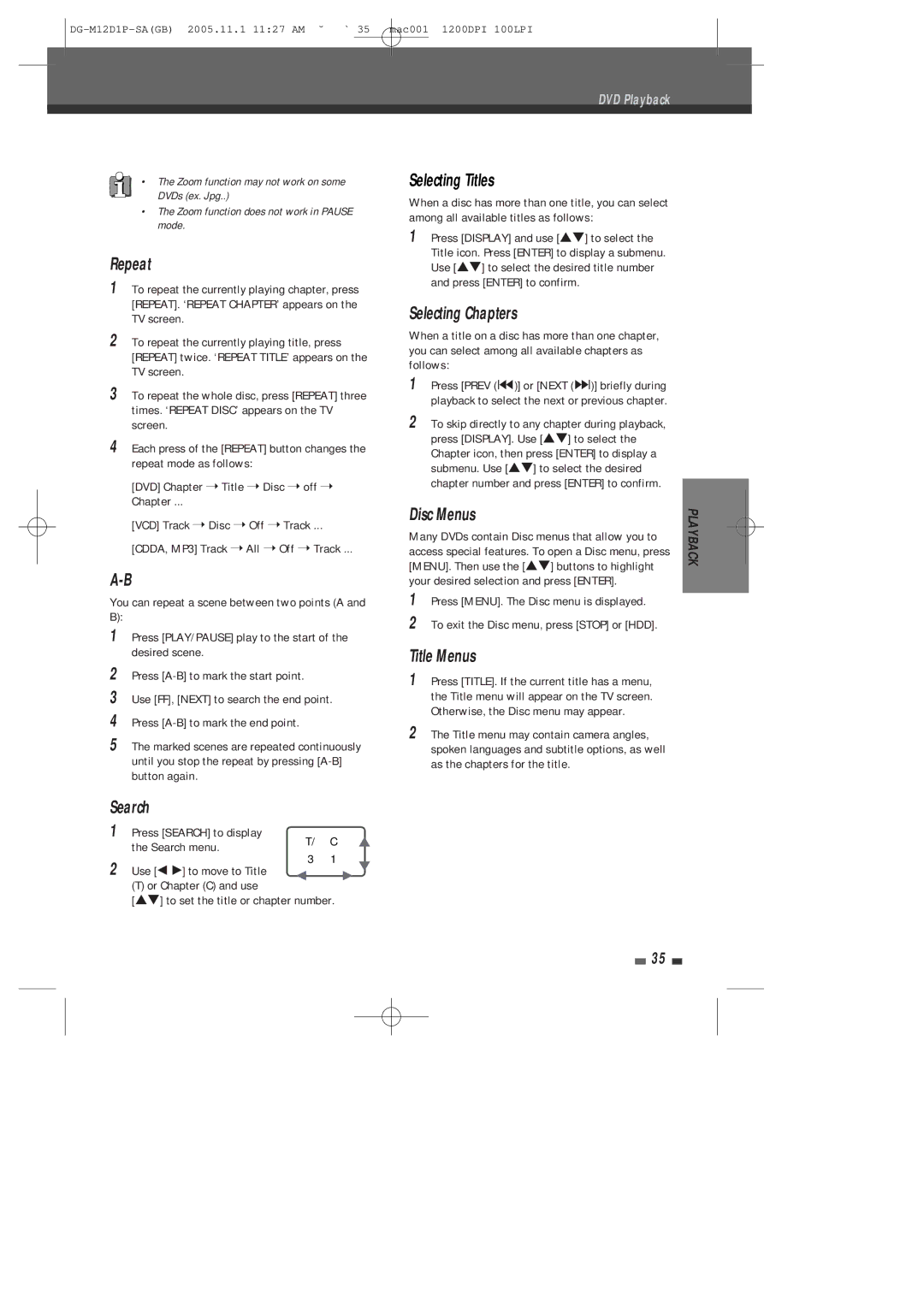 Daewoo DH-6100P user manual Repeat, Search, Selecting Titles, Selecting Chapters, Disc Menus, Title Menus 