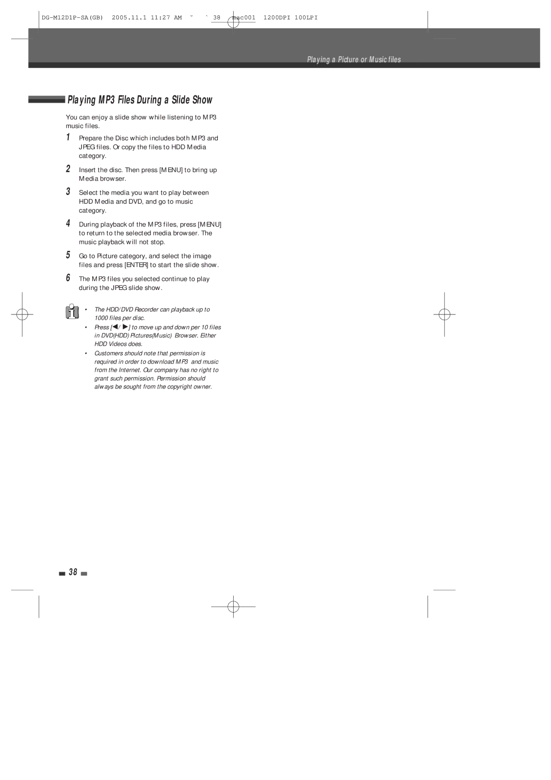 Daewoo DH-6100P user manual Playing MP3 Files During a Slide Show, HDD/DVD Recorder can playback up to 1000 files per disc 